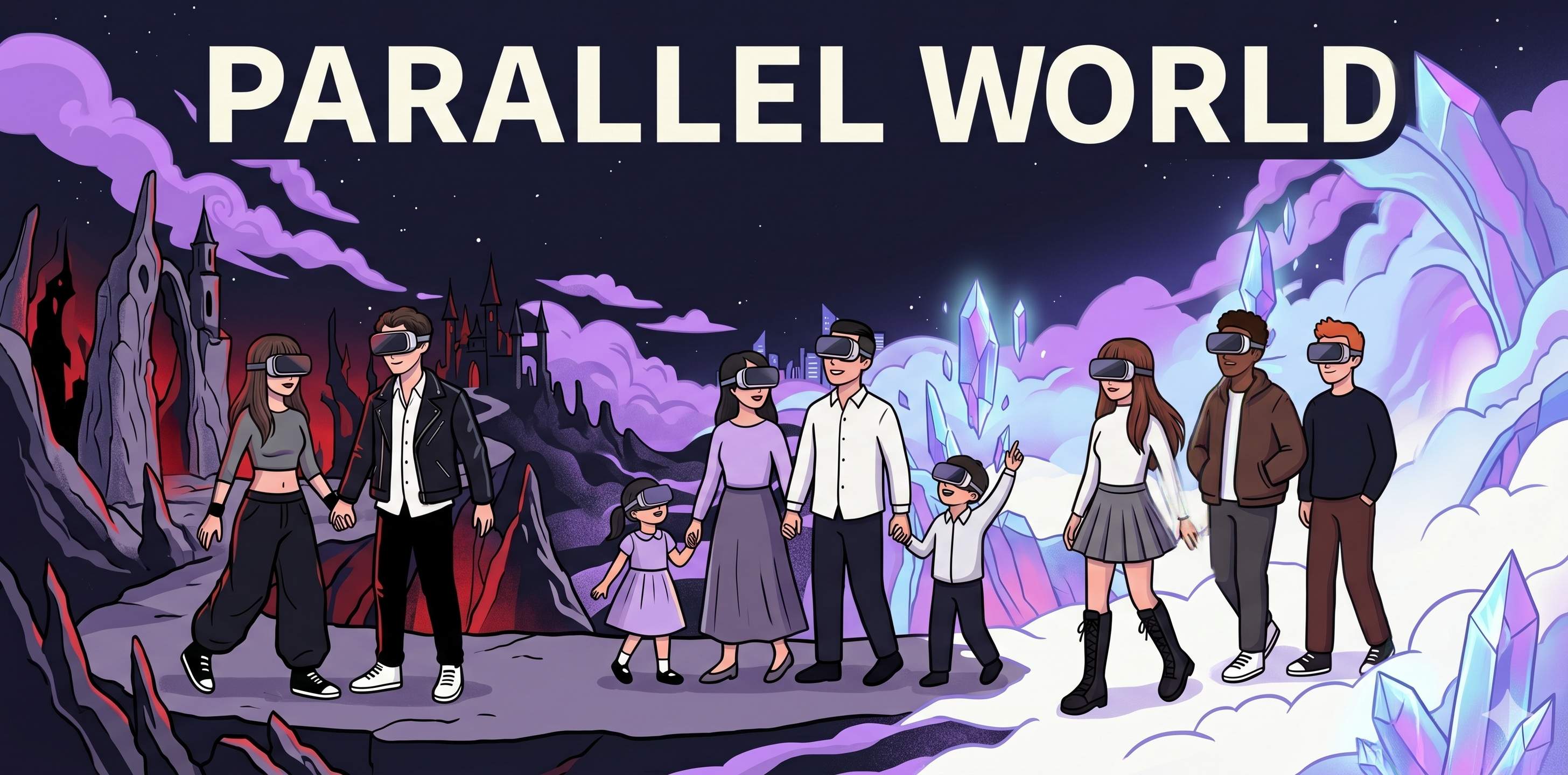 ファンタジーと廃墟の世界を探検する家族やカップルを描いたParallel Worldのバナーイラスト